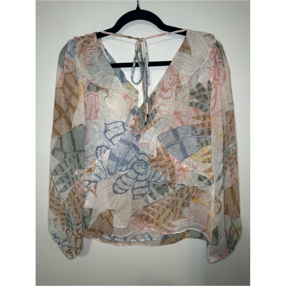 White House BlackMarket Floral Long SLV‎ Raffle Front Blouse SZ S V Neck Multi - Picture 6 of 14